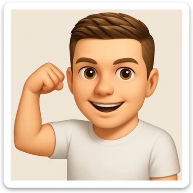 Based on these photos, make an emoji with facial features intact, man in white t-shirt, showing muscles sticker