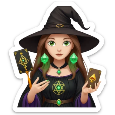 dark witch girl with long light brown hair and green eyes and Tarot cards sticker