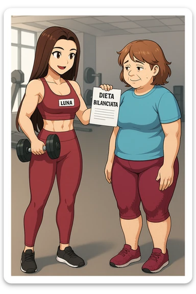 prendi spunto da queste immagini per fare: fai un webtoon/manga a colori con questa personal trainer (falle la scritta "LUNA" SU UNA TARGHETTA APPOSTA SUL TOP SPORTIVO CHE HA), che parla IN PALESTRA con una sua cliente che ha cellulite ed è leggermente in sovrappeso. LA SIGNORA è IN ABITI SPORTIVI E ascolta la trainer con attenzione. LUNA le dice le mostra un foglio con la scritta "DIETA BILANCIATA" CHE HA NELLA MANO SINISTRA E UN MANUBRIO DA PALESTRA CHE HA NELLA MANO DESTRA con espressione di INCORAGGIAMENTO. NON FARE I FUMETTI, FAI SOLO LORO COME SE DIALOGASSERO. FAI LE DUE FIGURE A FIGURA INTERA CON IL CORPO INTERAMENTE VISIBILE sticker