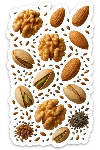 Mandorle, noci, pistacchi, semi di lino e di chia FLUTTUANO IN ARIA, IPERREALISTICO 4K sticker