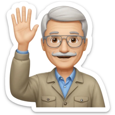 60 yr man with partially gray hair, mustache, light glasses, work clotheswaving hello sticker