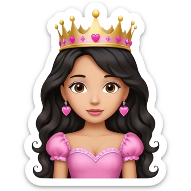 Very tanned princess, with long black wavy hair and a crown, a pink princess Outfit. In love with hearts sticker