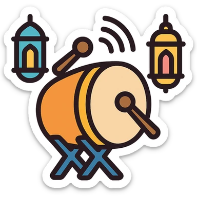 colorful icon of a drum with sound waves and Ramadan lanterns, representing 'tung tung tung sahur' sticker