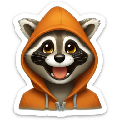 brown raccoon with orange eyes and a dark green hood that is laughing sticker