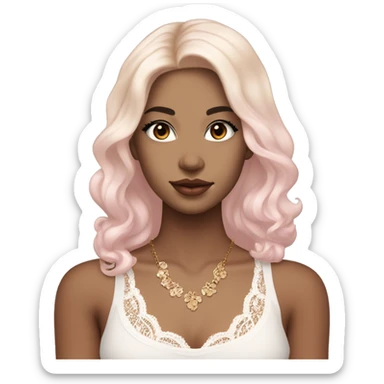 fair-skinned girl with black, slim shaped eyes and long lashes. long, dark brown hair In a wavy/blowout style. wearing a delicate white lace tank top and a dainty gold necklace, plump light pink lips. sticker