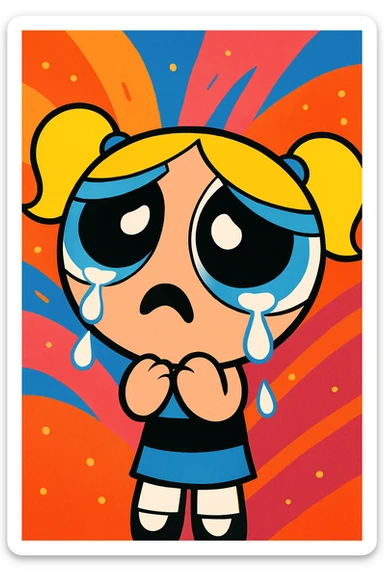 Powerpuff Girls character with a crying emotion, cartoon style, vibrant colors sticker