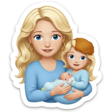 Wavy blonde, white woman with blue eyes, freckles hoop earrings, holding babies smiling and really cute in gold hoops she needs to be holding three newborns, and she needs to be more cute than pretty sticker