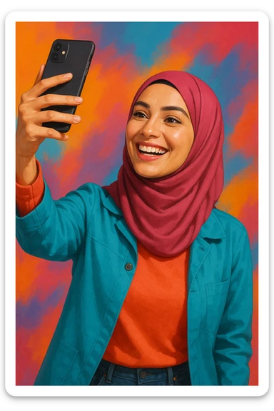 hijabi woman with phone raised, smiling, selfie pose, vibrant colors, modern style, clear facial features sticker