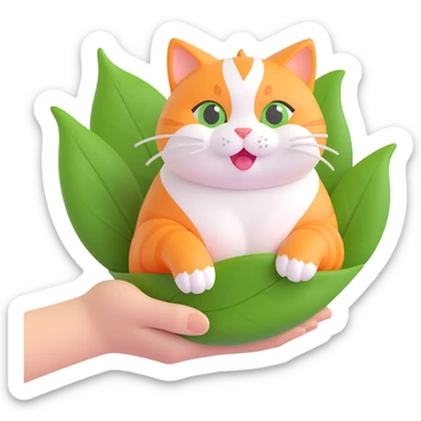 3D iOS style chubby orange and white cat wrapped in a green leaf, sitting in a hand, joyful adorable expression sticker