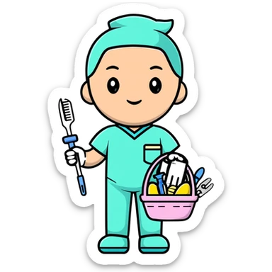 plastic surgeon in pastel scrubs with Easter basket and surgical tools sticker