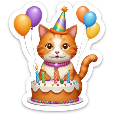 Ginger cat celebrates birthday, birthday hat, birthday cake, balloons, happy, gifts sticker