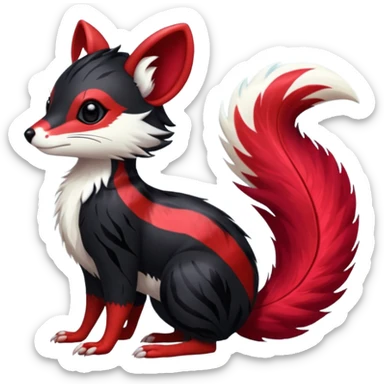 Feral Rare Fantasy shiny soft fuzzy furry vibrant tropical obsidian-black and crimson-red Vernid-Trico-species-creature by LiLaiRa, random markings, tufted tail, tufted ears, full body with markings with white skunk-tail-stripes sticker
