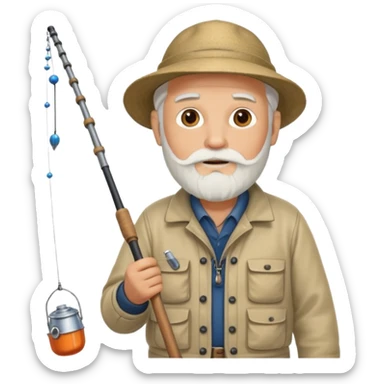 an old white haired, bearded man in fisherman attire, stood in a boat at sea, holding a fishing rod and catching fish with it. sticker