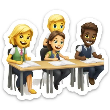 3 European students sitting at desks. They are laughing at lesson sticker