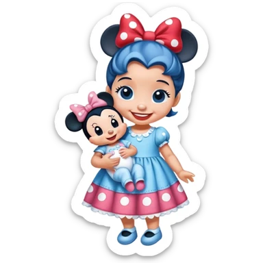 a stitch baby wearing a Minnie mouse dress holding a baby doll sticker