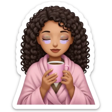 hispanic woman, brown skin, black long 3b curls, closed eyes, feminine face, holding soft pink coffee cup with beige blanket over shoulders, correct fingers, no eyeshadow sticker