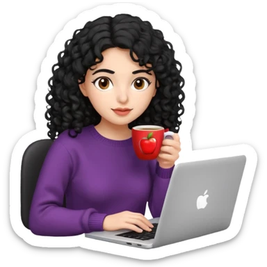 young Persian woman, 20 years old, black curly hair, wearing a sweater, holding a coffee cup and typing on a laptop, focused expression, 3D Apple emoji style sticker