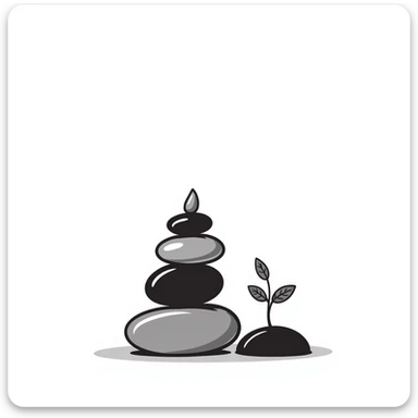 A zen-like balanced stack of smooth stones with a small plant growing beside it, representing balance and stress relief. Simple hand-drawn doodle style. sticker