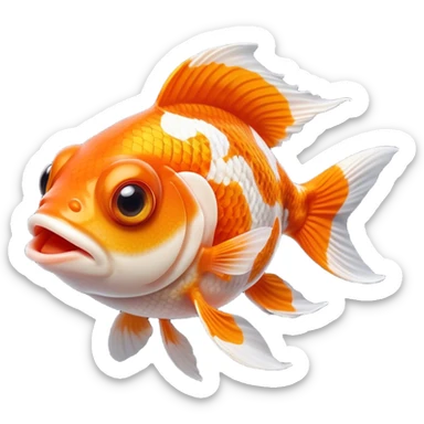Cinematic Comical Orange and White Goldfish Portrait Emoji, Head tilted dramatically with an exaggeratedly amused expression, featuring a striking body with bold orange and white patterns, wide, expressive golden eyes filled with playful disbelief, Simplified yet hilariously expressive features, highly detailed, glowing with a slightly sassy glow, high shine, dramatic yet playful, stylized with an air of cheeky mischief, bright and endearing, soft glowing outline, capturing the essence of a spirited and over-the-top goldfish, so meme-worthy it feels like it could side-eye its way into internet fame instantly! sticker