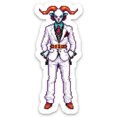 full-body demonic clown in a white leisure suit with bellbottom pants, bald, with black ram horns, flashy belt, ruffled shirt, no neck tie sticker