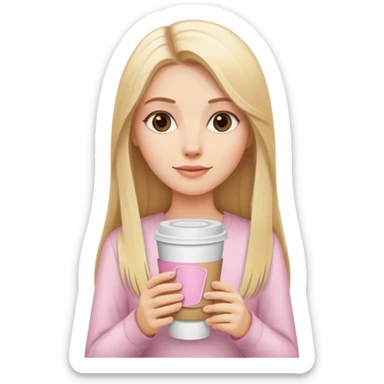 A white girl with long blonde straight hair and a pale pink paper cup of coffee and sticker