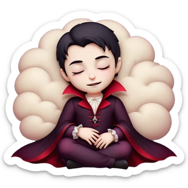 Meme-Worthy Cute Sleeping Vampire Portrait Emoji, with a refined, small, pale face softened by closed, serene eyes and a slight, peaceful smile, adorned in miniature elegant dark attire with a hint of fading crimson, simplified yet irresistibly adorable, highly detailed with a soft ethereal outline that captures the drowsy charm of a vampire in quiet nighttime slumber! sticker