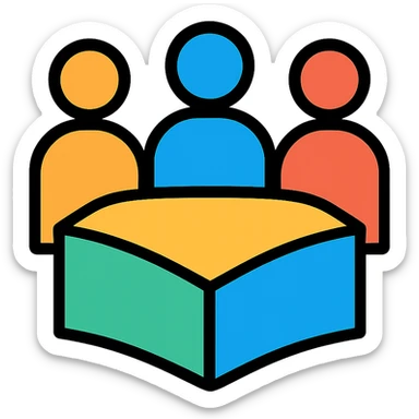 Iterate on the original design by making the table, book, and people more abstract and symbolic using geometric shapes and dynamic forms to suggest collaboration and study. Keep the logo visually engaging and less literal. No text. sticker