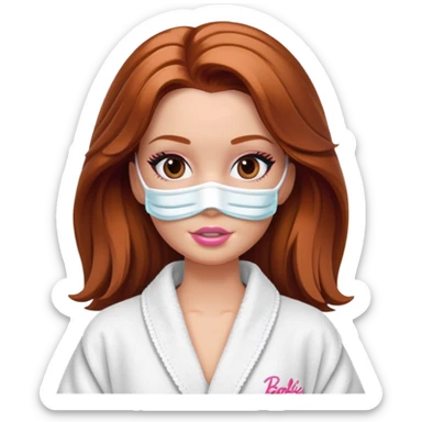 A Barbie face with shoulder-length reddish-brown hair, makeup, a smeared face mask, and a bathrobe. sticker