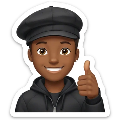 21-year-old black boy, smiling with his thumbs up, with a cap and black coat, sticker