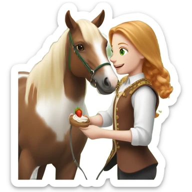 White teen girl with green eyes and medium length strawberry blonde hair wearing traditional English riding attire giving a treat to a brown and white paint horse sticker