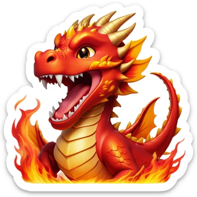 Cinematic Cute Yawning Fierce Fire Dragon Portrait Emoji, Head tilted slightly with a dramatic, wide-open yawn, revealing a fearsome yet endearing scaled visage bathed in searing reds and oranges, with gentle flames licking around its open mouth; rendered with realistic detail and flickering natural light, high shine, relaxed yet fierce, styled with a dash of smoldering charm, soft glowing outline, capturing the essence of a sleepy but spirited inferno ready to unleash a tender blaze of warmth! sticker