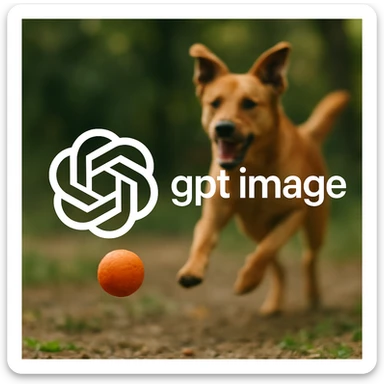  logo of chat gpt with text "gpt image" on the background of a dog chasing ball, realistic image sticker