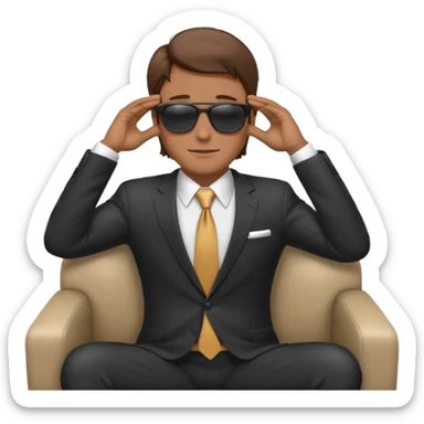 white man with brown hairs in formal suit wearing sunglasses resting with hands behind head sticker