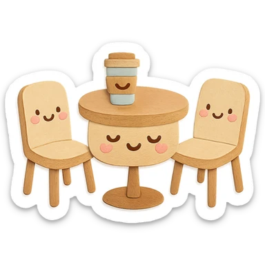 kawaii coffee shop table and chairs set with blushing cheeks, soft pastel hand-drawn illustration sticker
