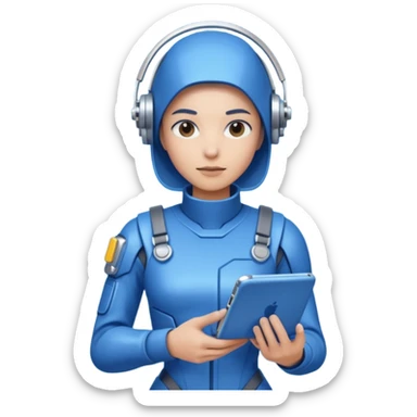 cybernetic person with digital toolkit, digital vibes, blue outfit, average skin color sticker