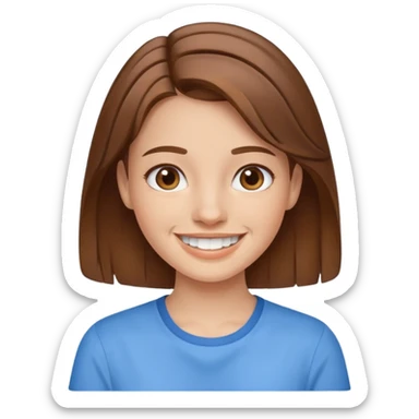 Girl with brown hair smiling with braces and blue shirt sticker