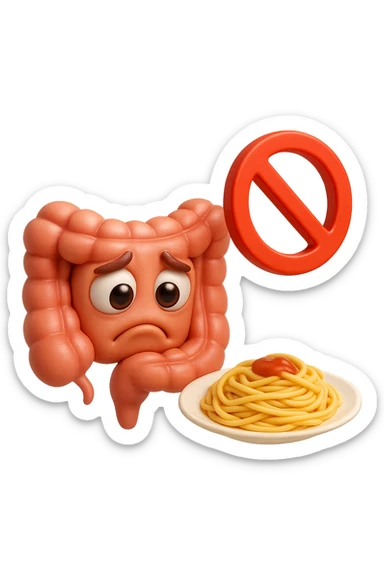 EMOJI STILE IPHONE DI un intestino umano anatomico triste mentre guarda un piatto di pasta con divieto 3d sopra: non la può mangiare, fagli anche la parte bianca degli occhi, non solo le pupille, REALISTICo 4K sticker