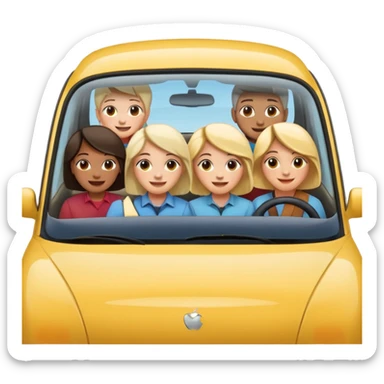 small car with very large windows and front windshield, five people (mixed genders) smiling and leaning out, some from side windows, some from front windshield, five clear faces, apple emoji style sticker