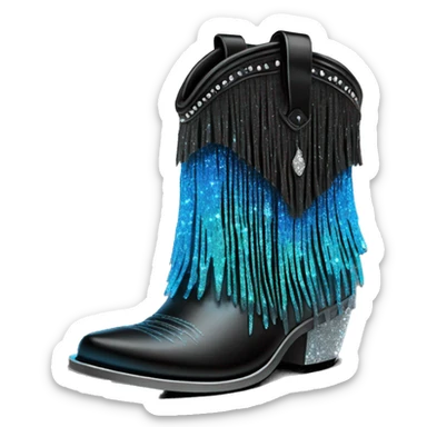 Realistic short neon blue to black ombre fashion cowgirl boot with sparkly shiny glitter fringe on them. sticker