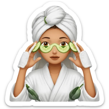 woman at the spa with cucumbers slices covering her eyes and tan skin tone with towel completely covering hair and robe on no hands showing sticker