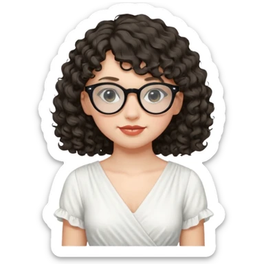 create a frontend girl that has a round face curly hair with a side curtain bangs and wears black rayban glasses doesnt smile with her teeth and white sticker