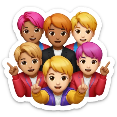 Cinematic Realistic BTS Pop Culture Emoji, featuring a dynamic, energetic portrayal of the acclaimed K-pop group rendered with vibrant textures and energetic, colorful lighting. sticker