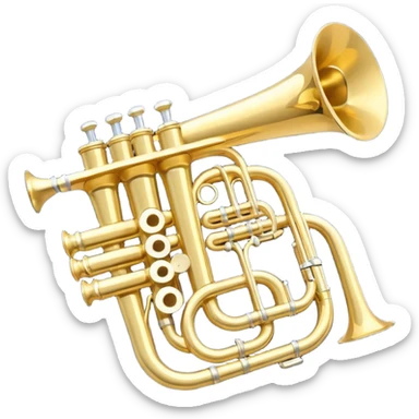 “Flat vector icon of a golden side-view trumpet with mouthpiece, bell, and three valves, thick outline, centered on a deep navy blue rounded-square (or circle); from the bell, 2–3 small white or light-blue music notes with dark outline emerge.  sticker