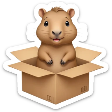  A very cute gery young happy Kapibala with one's head tilted to one side poked its paws out of the cardboard big box and placed them on top of it sticker