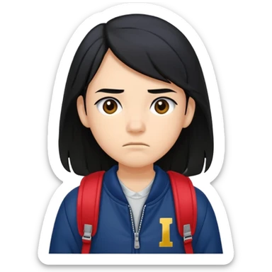 college student with annoyed face , black hair , with navy varsity jacket( initial I)  and  and backpack , girl, long hair,  sticker