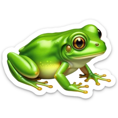 Cinematic Noble Green Tree Frog Portrait Emoji, Poised and alert, with a compact, vibrant body clad in bright, glossy green skin accented by delicate, sticky toe pads and large, bulging, observant eyes, Simplified yet sharp and sophisticated features, highly detailed, glowing with a soft, verdant luminescence, high shine, intelligent and sprightly, stylized with an air of tropical elegance, focused and attentive, soft glowing outline, capturing the essence of a watchful and confident amphibian that appears ready to leap out of the screen with effortless agility! sticker