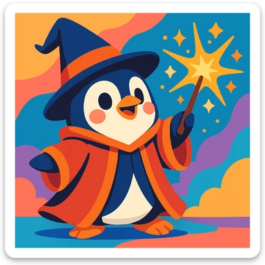a cute penguin wizard casting a spell, wearing a robe and holding a wand, in a colorful cartoon style sticker