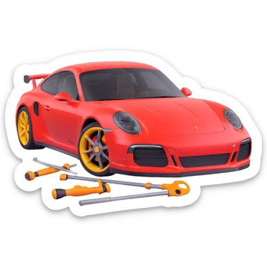 luxury Porsche car with a clearly visible dent on the bodywork, specific paintless dent repair tools such as rods, levers, and small hammers positioned to show active repair, elegant and modern sticker