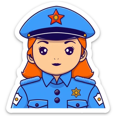 Female Russian police officer with traditional Russian police fur hat and blue uniform sticker