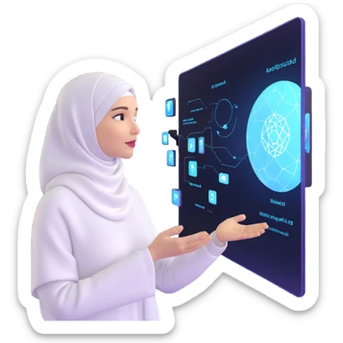 woman with white hijab interacting with holographic metaverse interfaces, augmented reality displays, virtual machine artifacts, digital world sticker